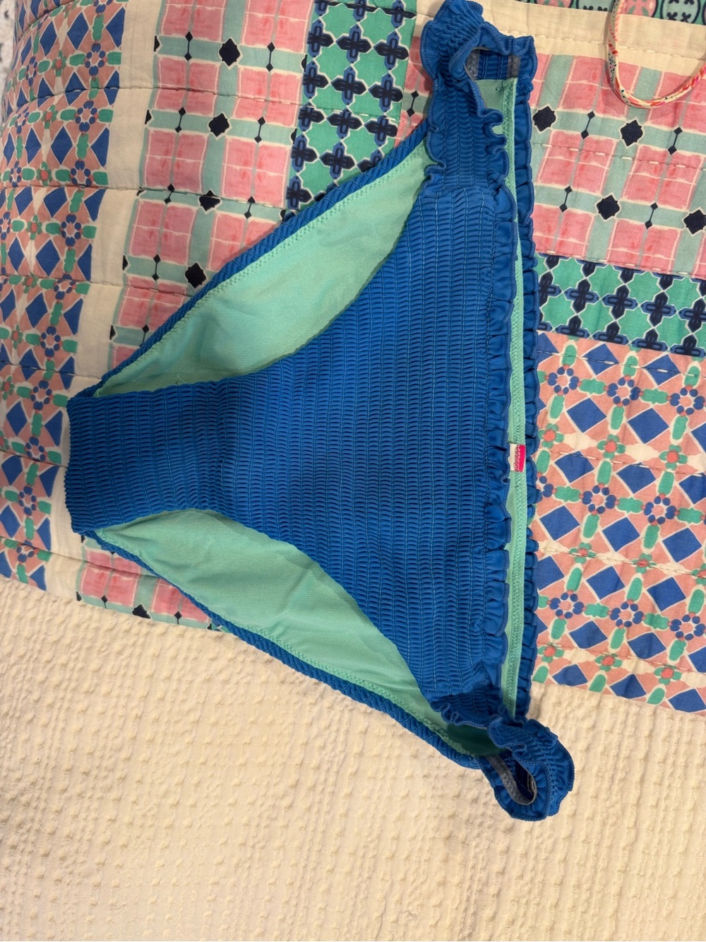 Blue Textured Bikini Bottom with Mint Lining